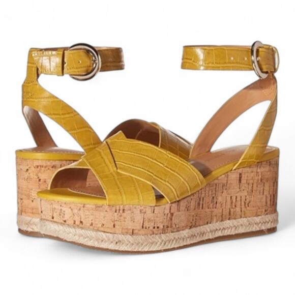 Marc Fisher Carlin 2 Croc Embossed Platform Espadrille Sandal Size 9 Yellow - Picture 1 of 11